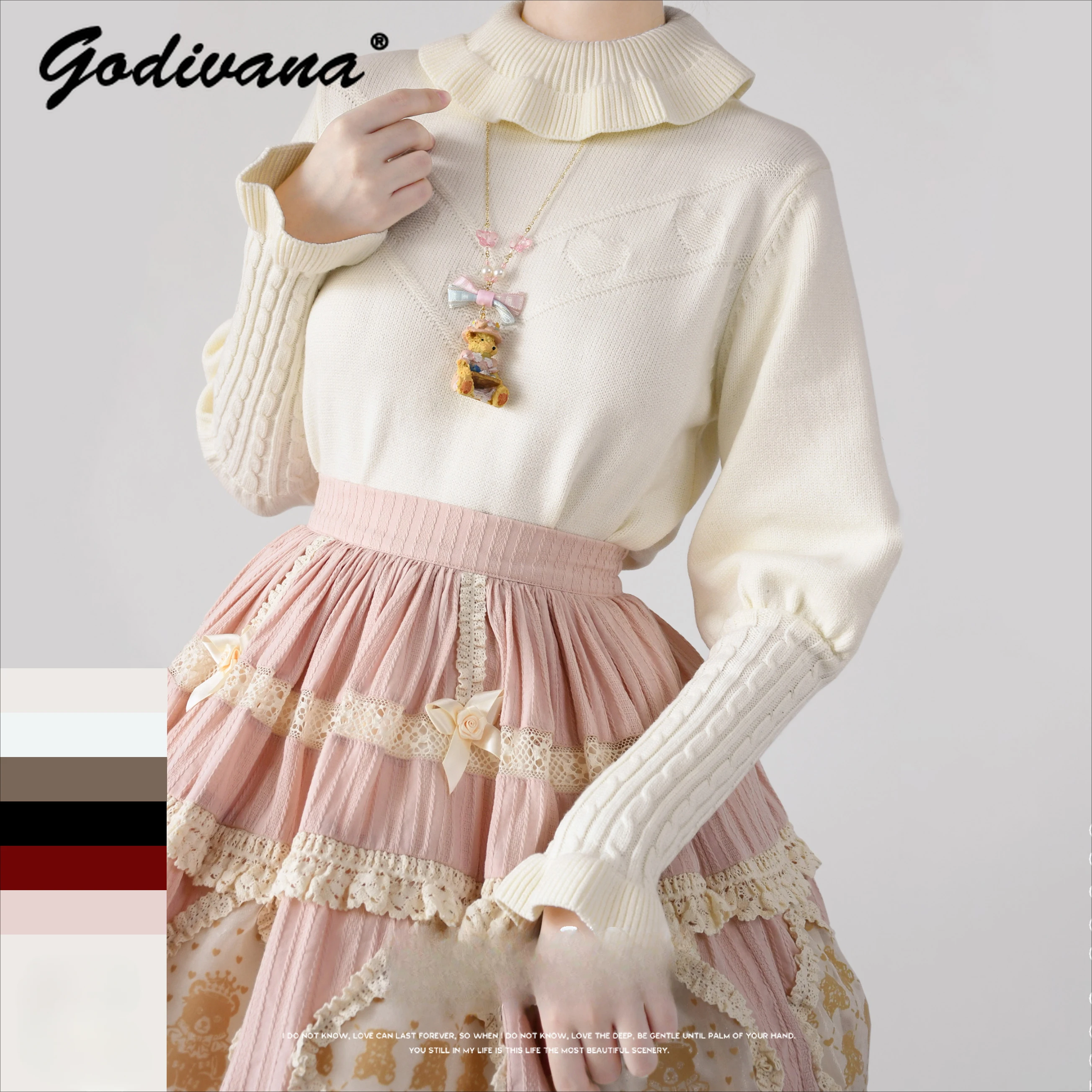 Original Lolita Long Sleeve Knitted Sweater New Autumn and Winter Inner Top Girl Female Sweet Cute Pullover Solid Color Knitwear