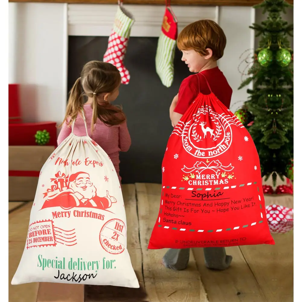 1/2 Piece Christmas Bag Canvas Santa Bag with Drawstring, 27x19 inch Large Santa Gift Bag