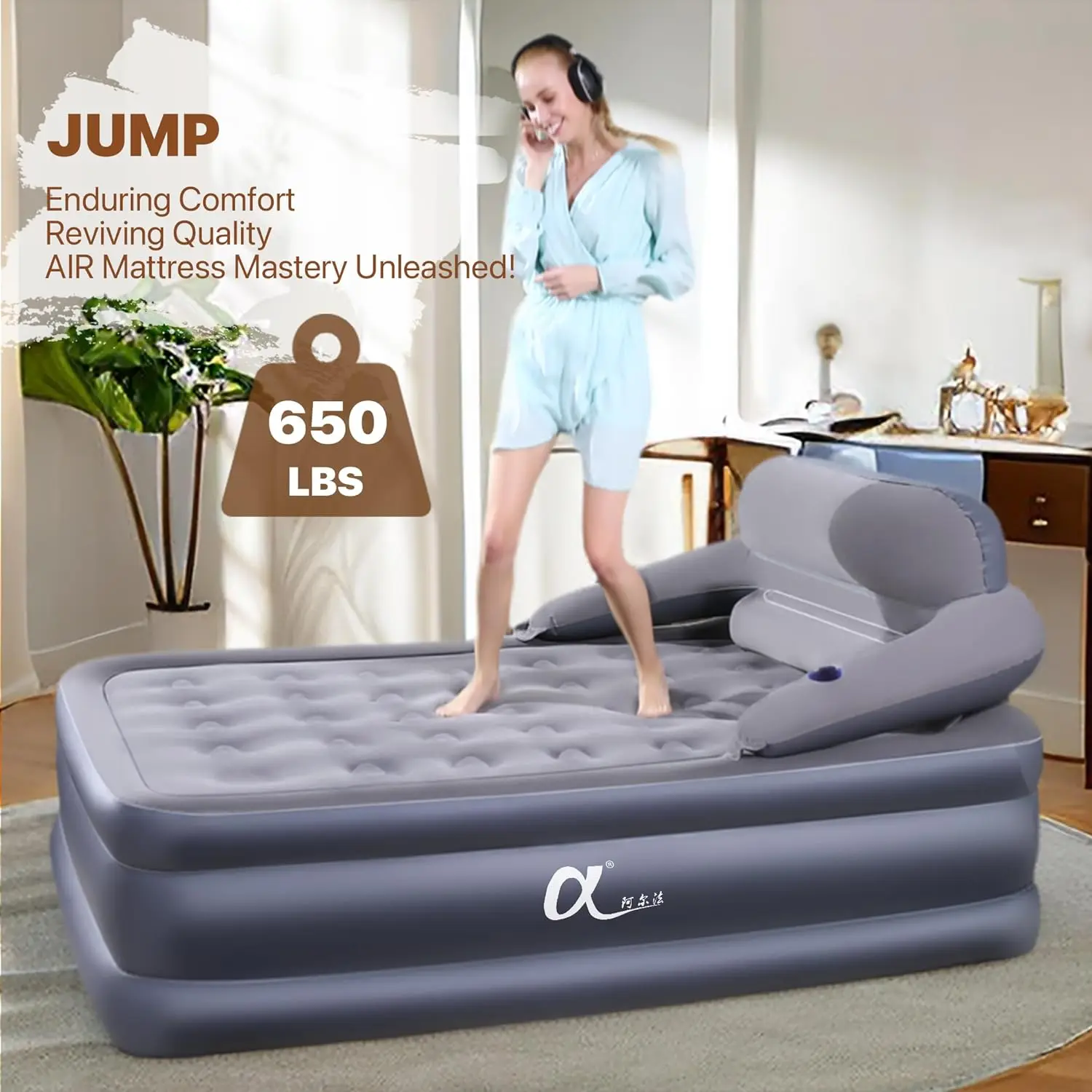 A-ER-FA Queen Size Air Mattress with Headboard , 3 Mins Quick Inflation/Deflation Inflatable Airbed , 20 Inches High Blow Up Bed