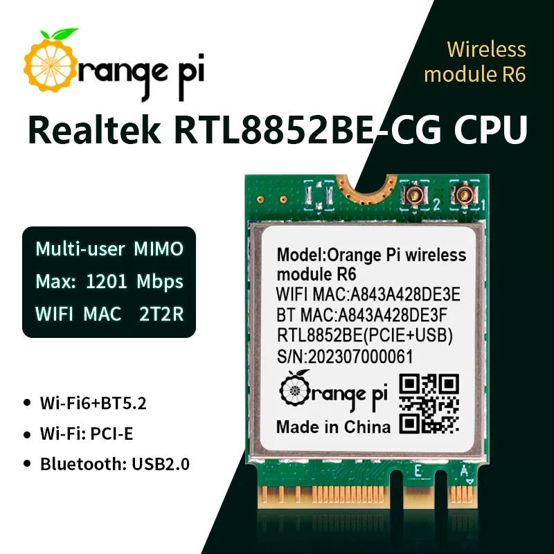 Orange Pi R6 WiFi Module for OPi 5 Plus Board, 2.4G/5G Dual Band Wi-Fi6+BT5.2 with PCIE M.2 E-Key Interface Wireless Module