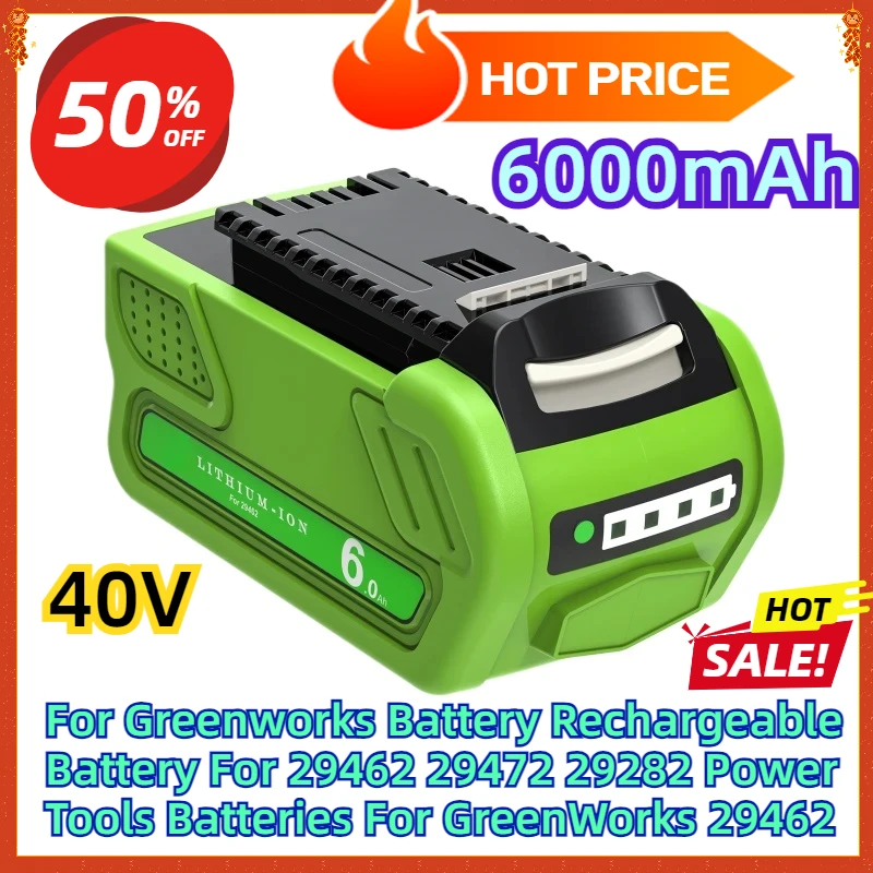 

For Greenworks 40v Battery 40V 6000mAh Rechargeable Battery For 29462 29472 29282 Power Tools Batteries For GreenWorks 29462