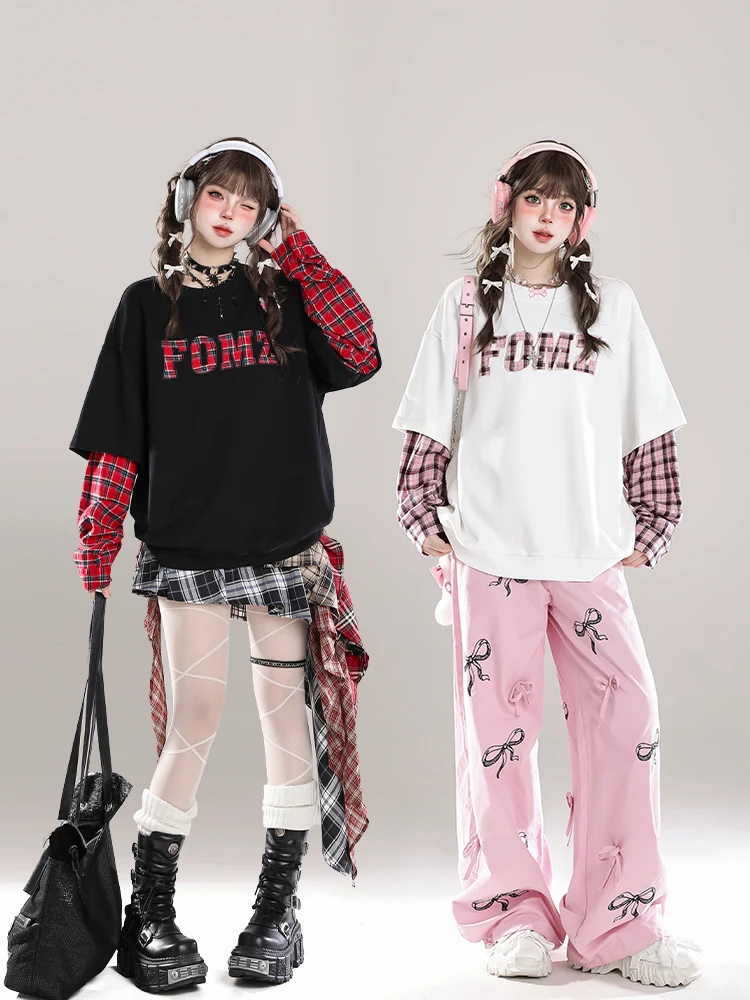 Chic Plaid Splice Long Sleeve Hoodie Women's Early Spring Autumn Loose Overhead Top Design Sense New Style Cotton Material