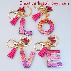 Glitter A-Z Shiny Sequin Letter Pendant Keychain Tassel Star Ball Charms Keyrings Women Bag Ornaments Car Trinket Accessories