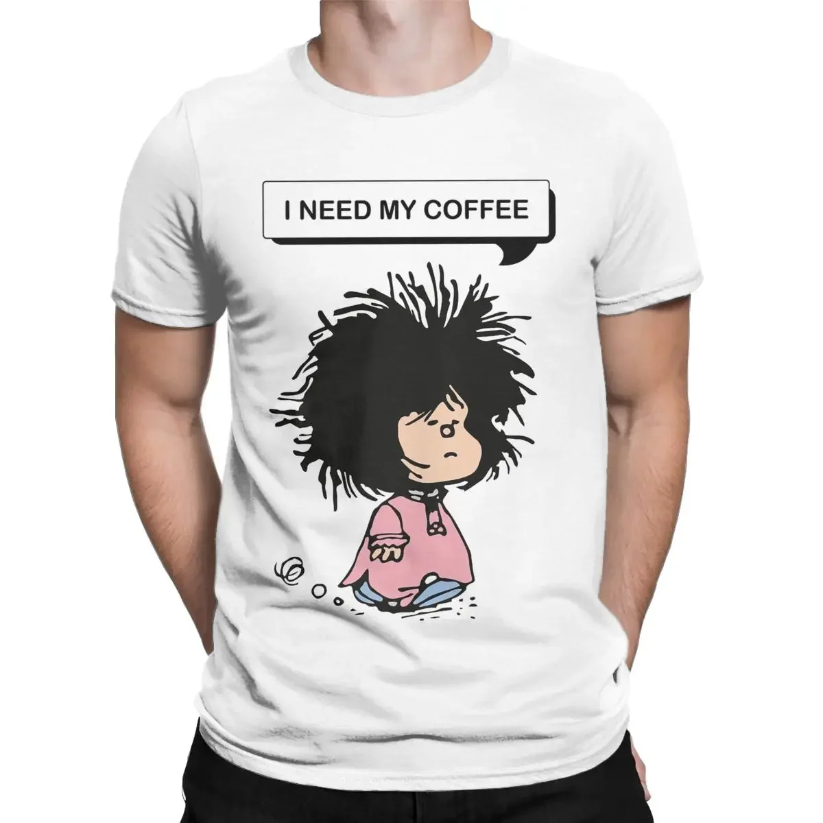 Novelty Mafalda That Needs Coffee T-Shirt Men Round Collar Cotton T Shirt Short Sleeve Tee Shirt Classic Clothing