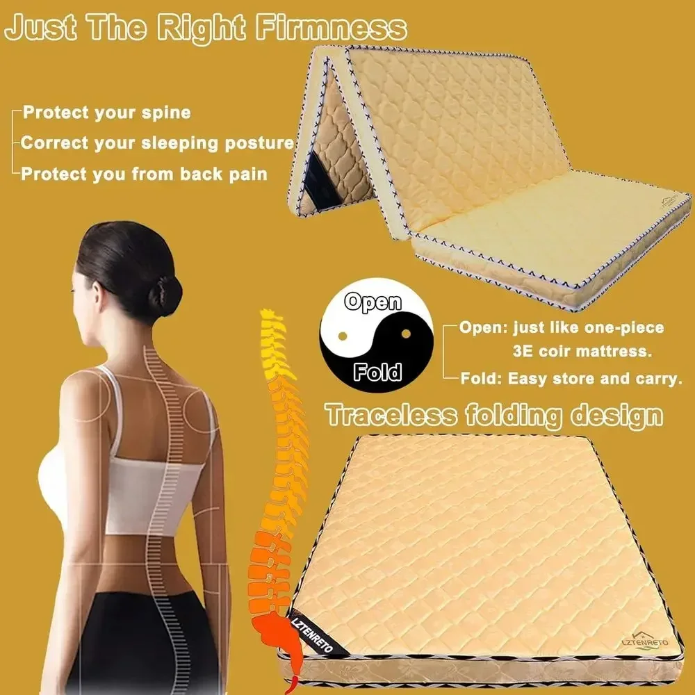 Coir Mattress Pad, 3 Palm Mattress Topper, Thick Coir Mattress, 6, 9, 11 Heights, Yellow-B, 36x75x4.3