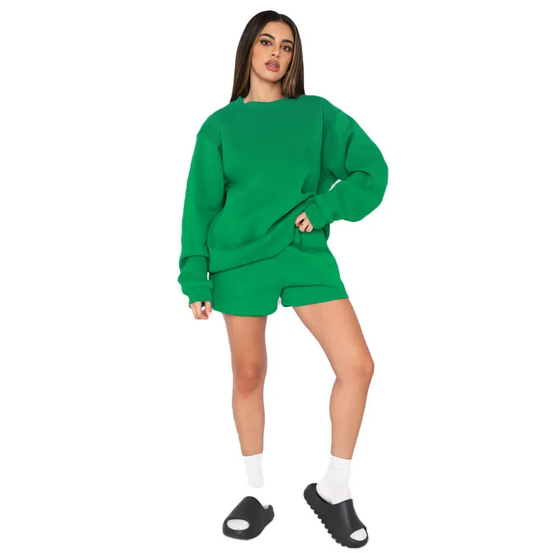 Solid Color Round Neck Pullover Long Sleeved Sweatshirt Women's Fashion Casual Shorts Set