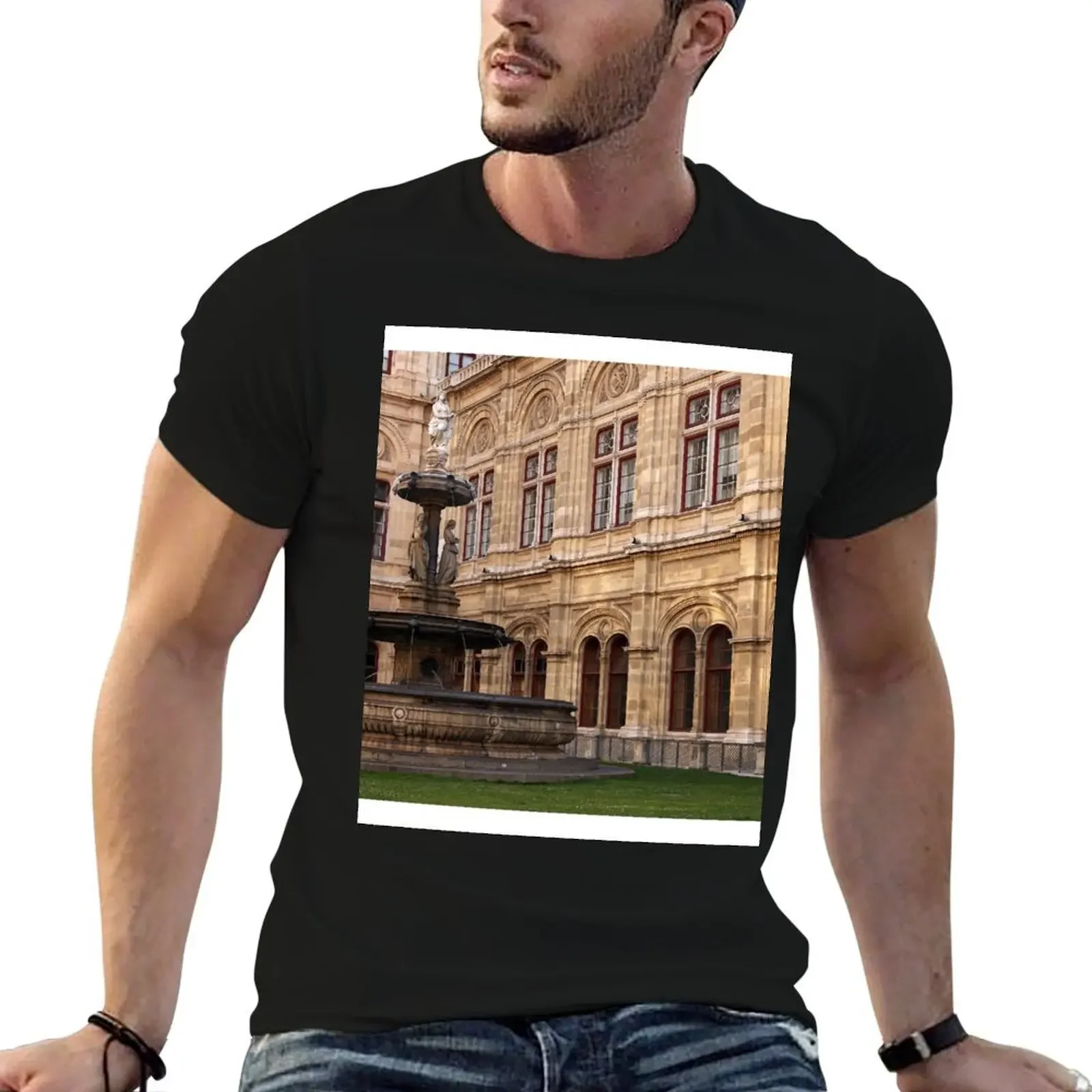 

Vienna State Opera house fountain and sculpture Austria T-Shirt vintage graphic tee oversized t shirt plus size tops t shirt men