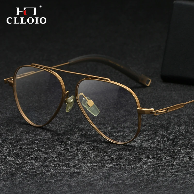 CLLOIO Ultralight Pure Titanium Pilot Anti Blue Light Glasses Oval Men Handmade Eyeglasses Frame Optical Prescription Eyewear