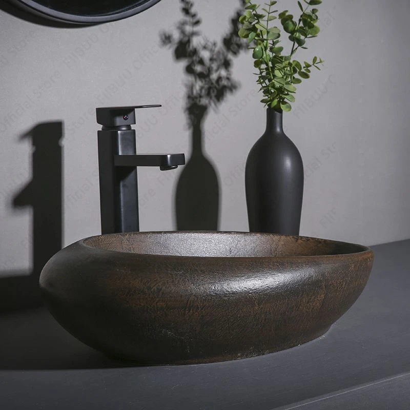 Brown Oval Ceramic Vessel Sink Above Counter Egg Shape Basin Bathroom Vanity Table Sink Glazed Art Washing Basin For Lavatory