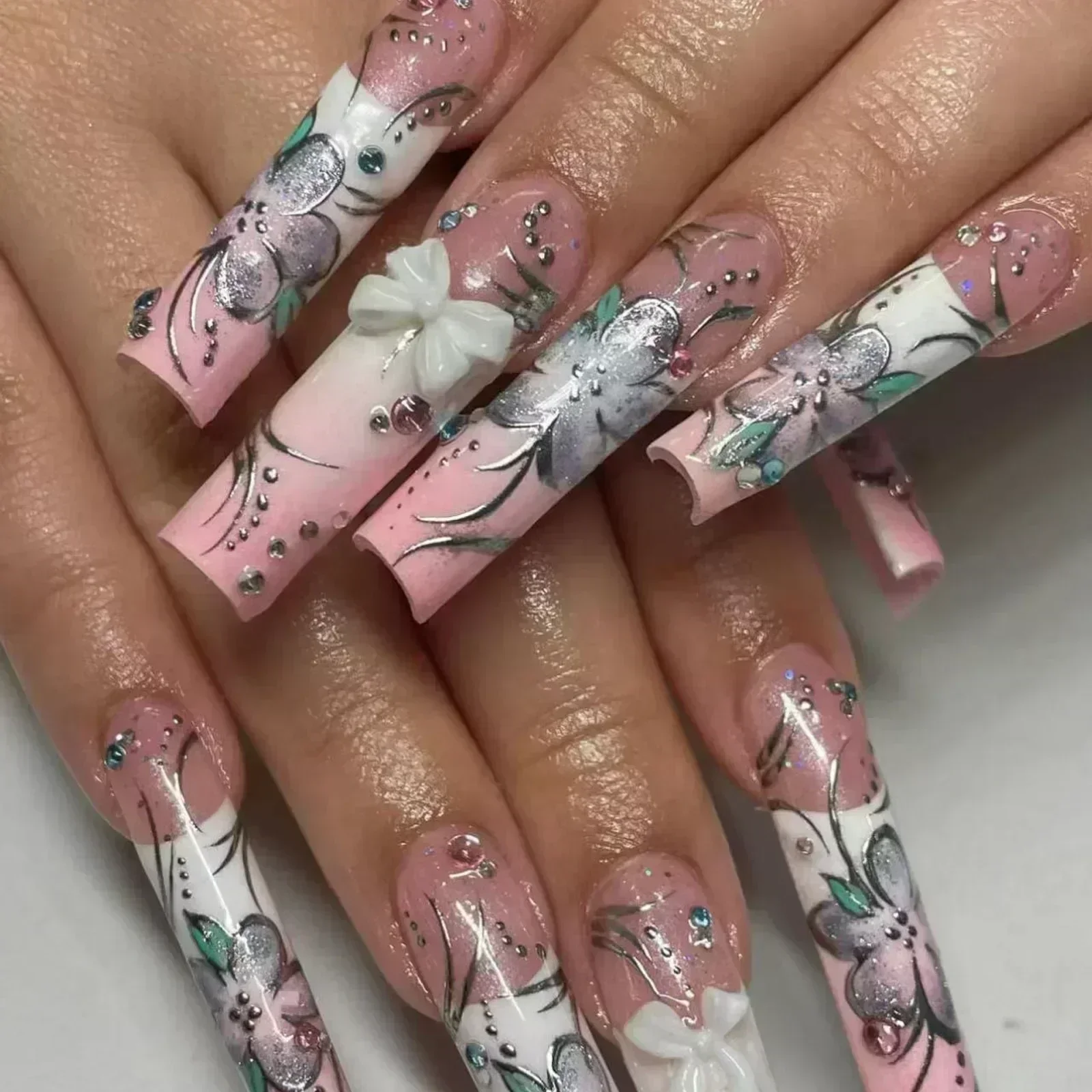 24Pcs Wearable Colorful Butterfly Designs French Press on Nails Long Ballet False Nails with Rhinestone Acrylic Fake Nails Tips