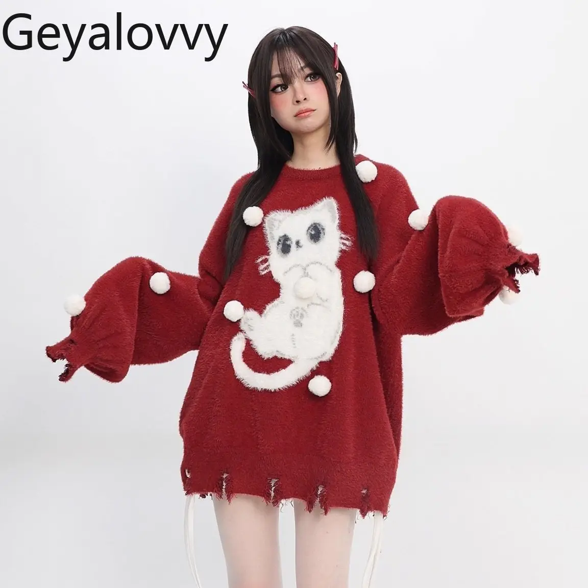

Autumn Winter Versatile Loose Round Neck Sweater Soft Sweet Fashion Red New Year Long Sleeve Knitted Pullover for Women