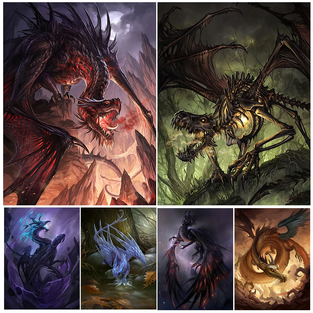 

Magical Creatures From Myths And Legends,Abstract Wall Art Canvas Painting,Bone Dragon,Unicorn,Aurora,Animal Art Poster Print