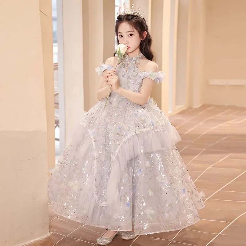 Girls' Dress Light Luxury Niche High-end Princess Dress Autumn Children's Catwalk Host Piano Performance Uniform Ballet