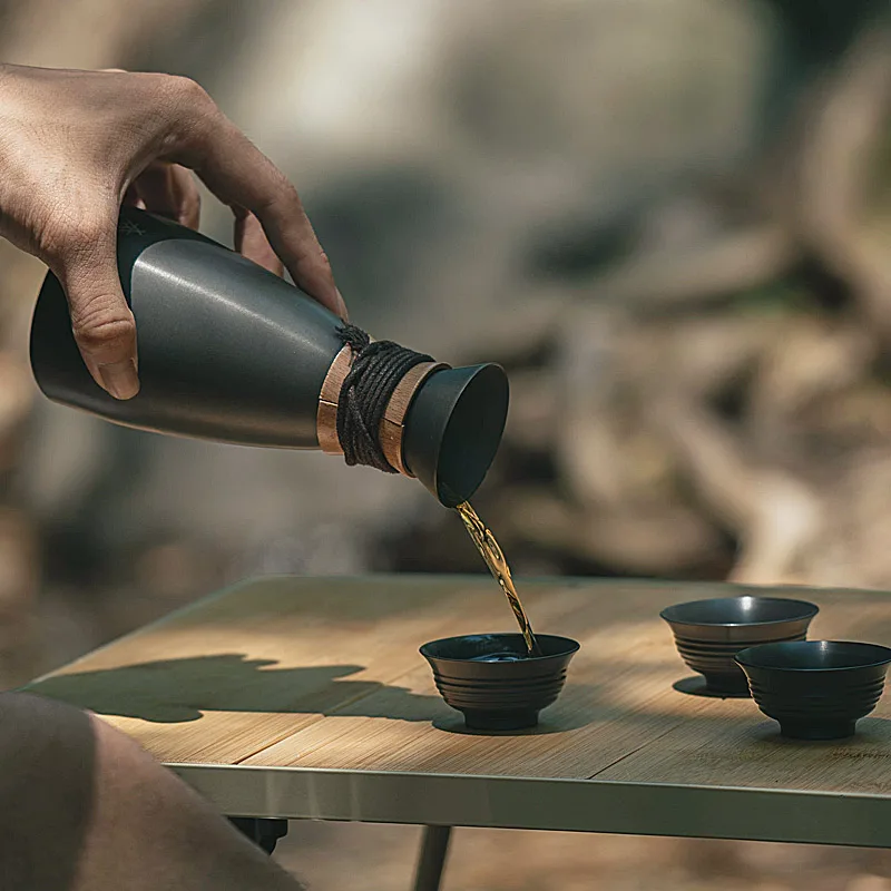 Outdoor Camping Wine Set ALOCS Portable Aluminum Alloy Wine Warming Mountaineering Vintage Wine Pot Set With 3pcs Wine Glasses