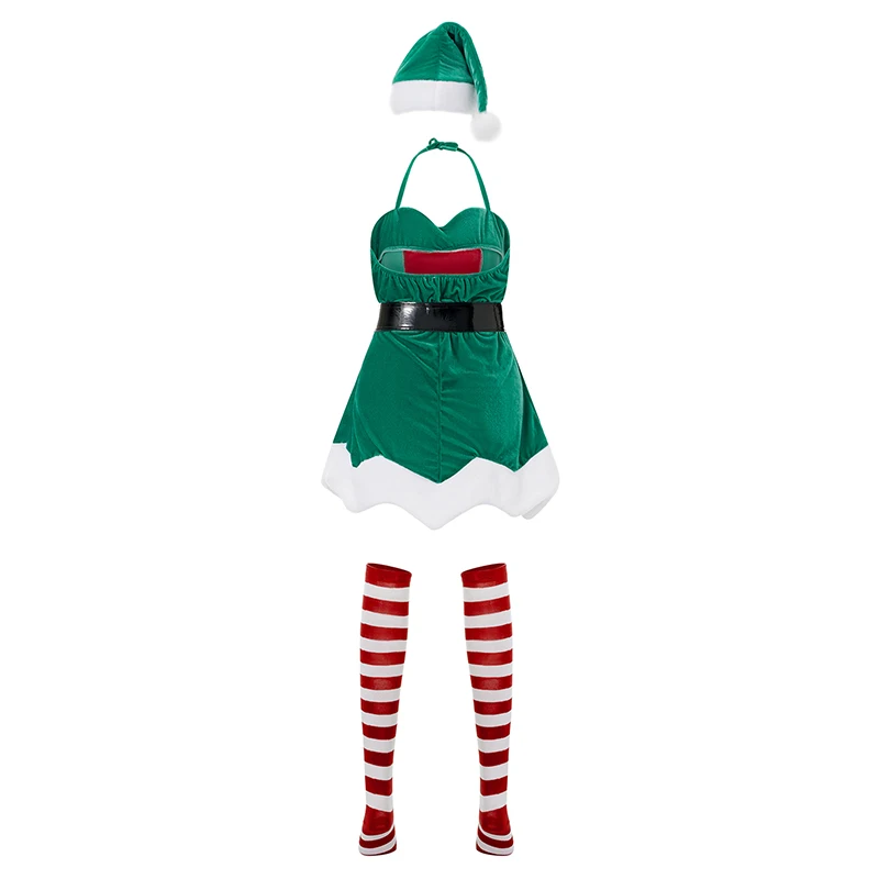 Women Christmas Costume Plush Trim Halter Neck Mini Dress with Belt Santa Hat Halloween Cosplay Costumes