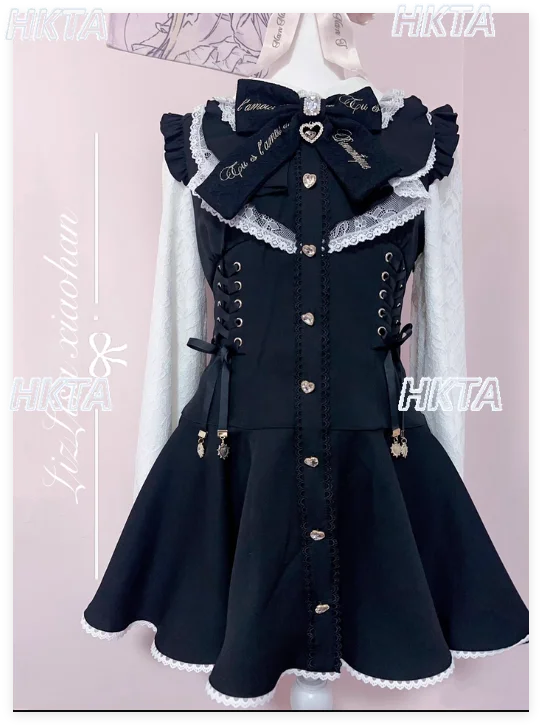 

Japanese Mine Series Dress Set Lolita Autumn New Rhinestone Buckle Big Bow Lace Short Long Sleeve Shirt Dress Shorts 2 Peice Set