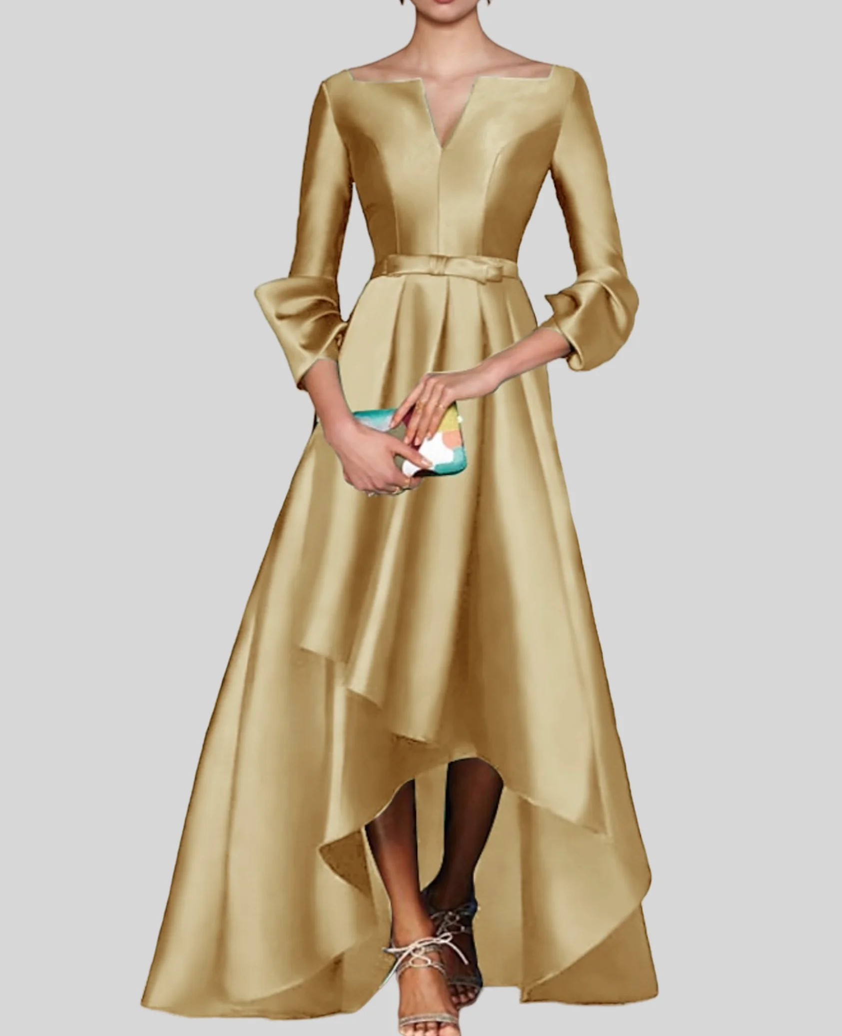 A-Line Evening Gown Elegant Dress Dress Formal Wedding Guest Asymmetrical 3/4 Length Sleeve V Neck Satin with Bow