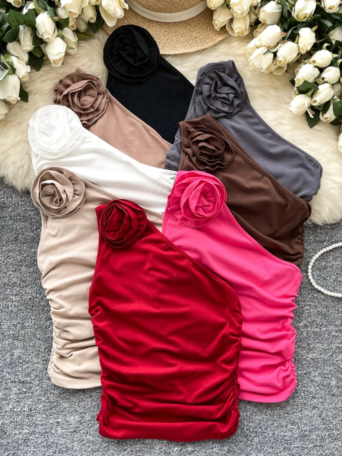 Sweet Spicy Girl Women's Retro Sexy 3D Flower Tightened Pleated Slim Fit Shoulder Oblique Sleeveless Vest Underwear Top