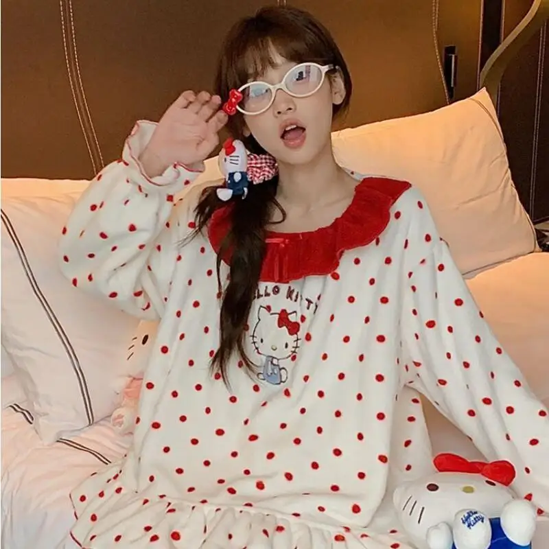 Pajamas Hello Kitty Flannel Autumn and Winter Thickened Sweet Cute Coral Velvet Winter Ladies Warm Home Clothes Comfortable Ins