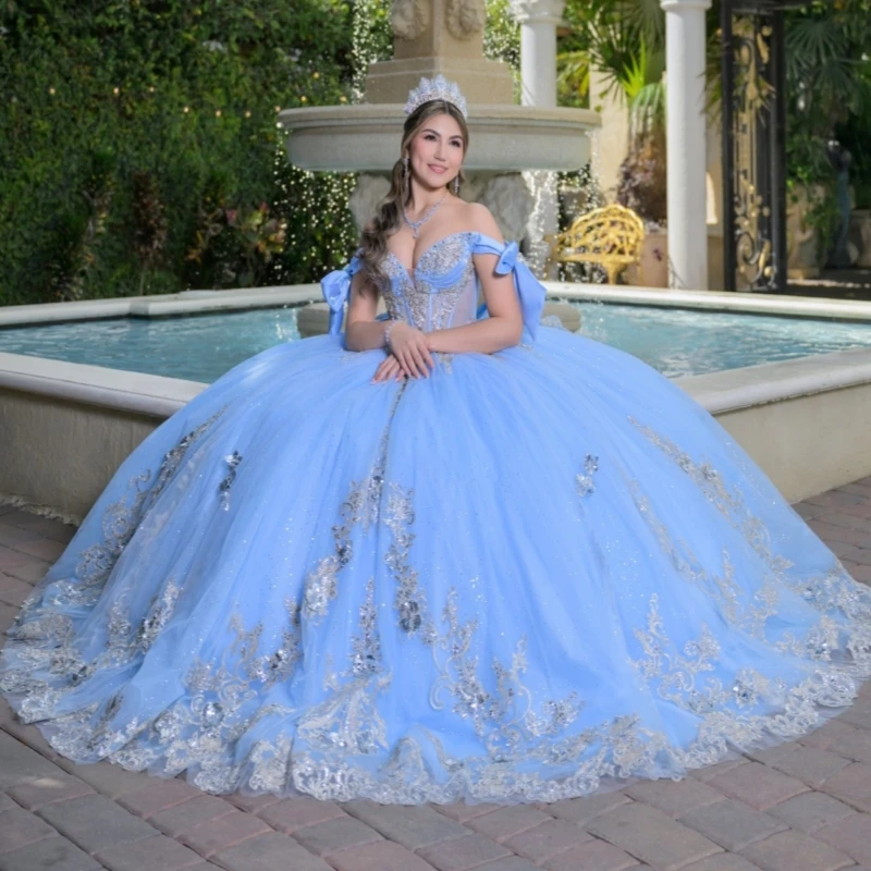 

Light Blue Shiny Ball Gown Quinceanera Dresses Applique Lace Beading Crystal Bow Tull Corset Off Shoulder Sweet 16 Dress vestido