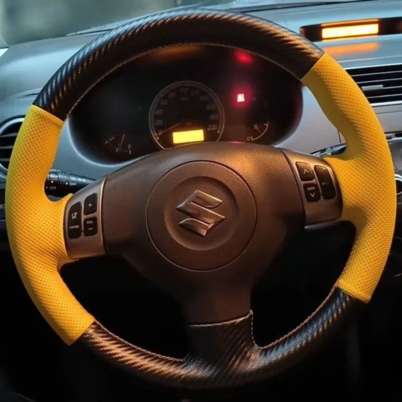 Hand Stitched renovation yellow leather black Carbon fiber car Steering wheel cover For Suzuki SX4 Alto Old Swift Opel Agila