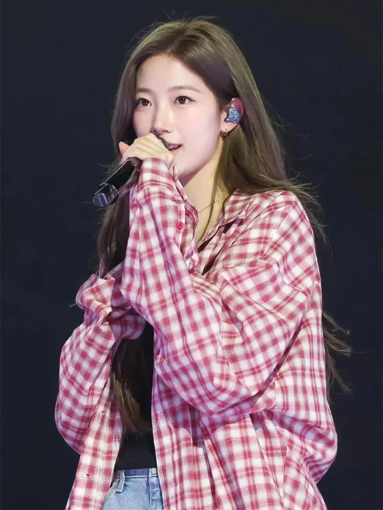 

Loose Fit Long Sleeve Collar Checkered Women's Shirt Thin Patterned Cotton Korean Style Commute Fashion Summer UV Protec...