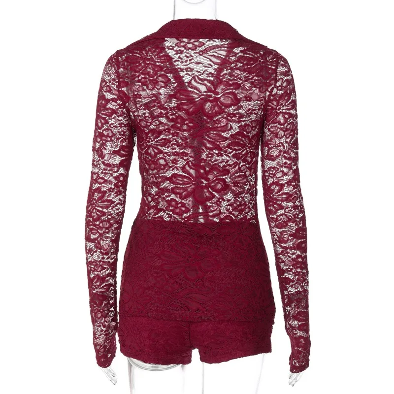 Set da donna in pizzo trasparente da 2 pezzi 2025 Autunno Colletto rovesciato Camicia monopetto a maniche lunghe Cardigan Top + Abito corto