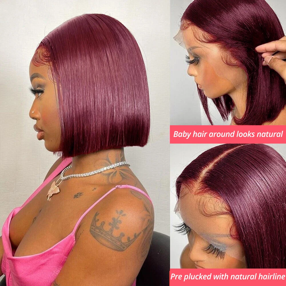 Perruque Bob Lace Front Wig naturelle lisse-99J, bordeaux, rouge transparent, 13x4, densité 180