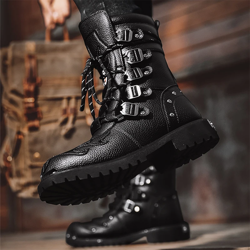 Motorcycle Boots For Men Leather Boots Rubber Sole Slip Resistant Motorcycle Riding Boots