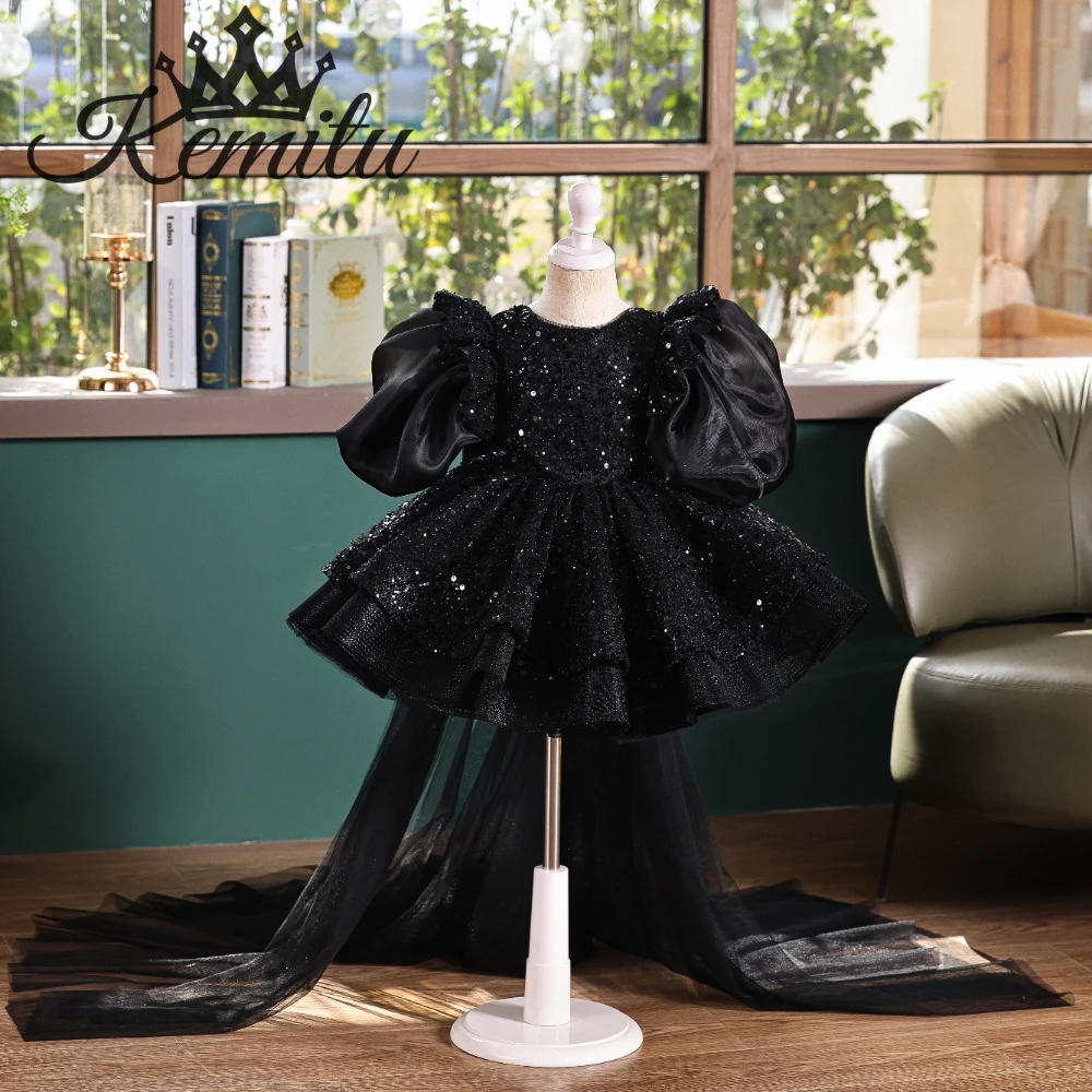 

Black Flower Girl Dress Beads Puffy Sleeve Princess Toddler Kids Wedding 1st Birthday Pageant Party Ball Gown