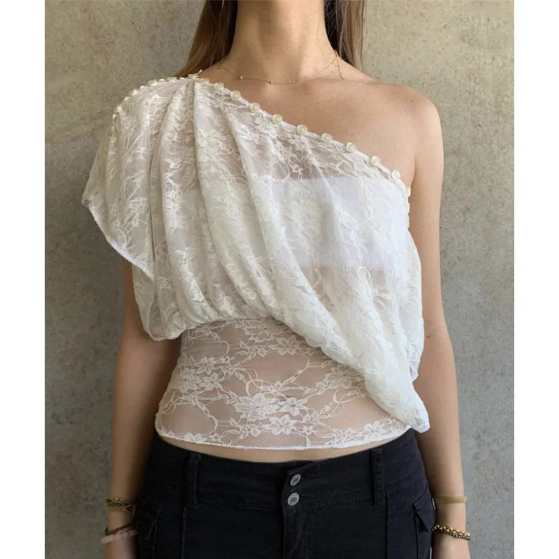 2026 Spring Summer Sexy Lace Short Sleeve Top Women Fashion O-neck Buttons See Through Closed Waist Female Blouse Lady T-shirt