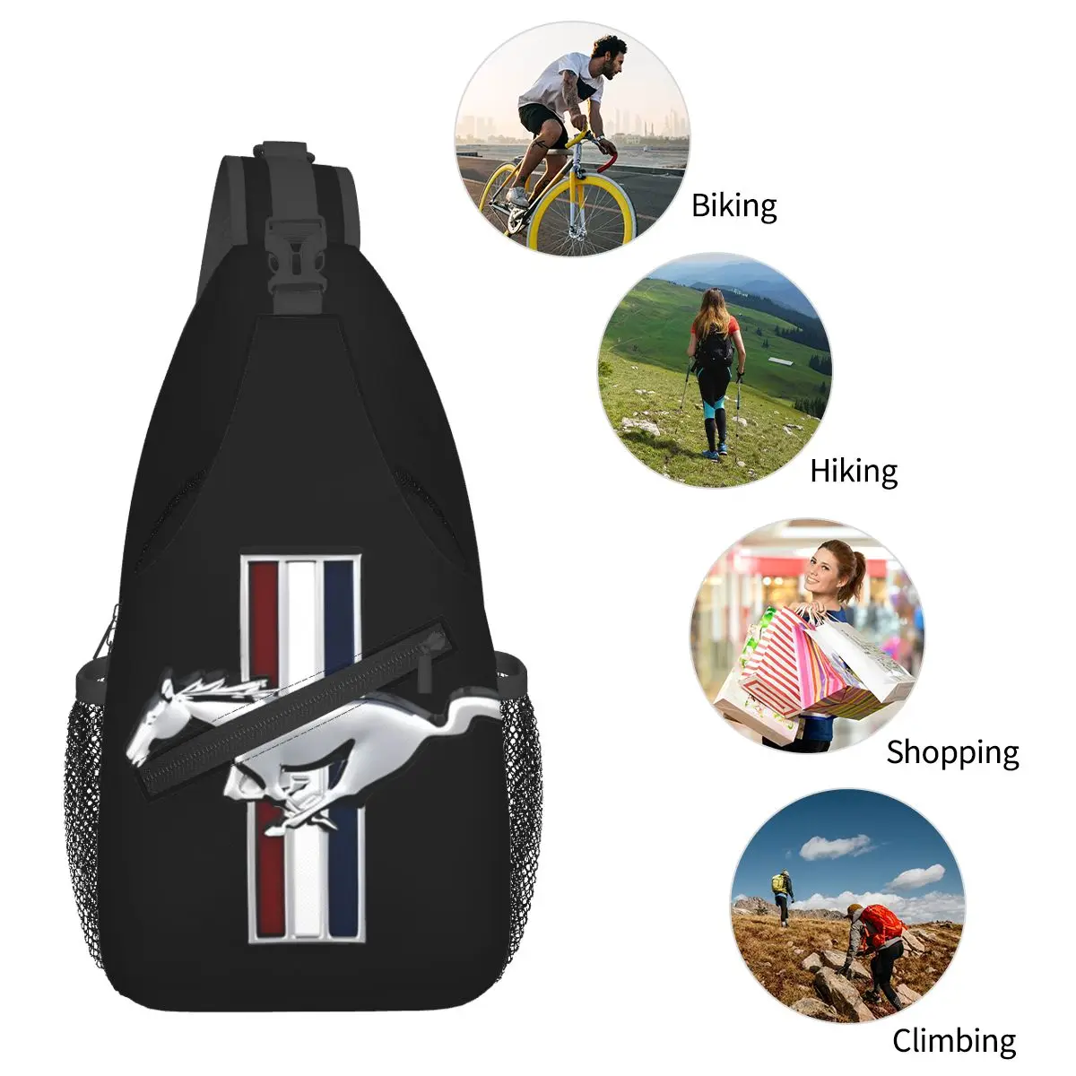 Clássico Ford Mustang Logo Crossbody Sling Bags para homens e mulheres, bolsa de peito, mochila de ombro, mochila para viagens, caminhadas, ciclismo