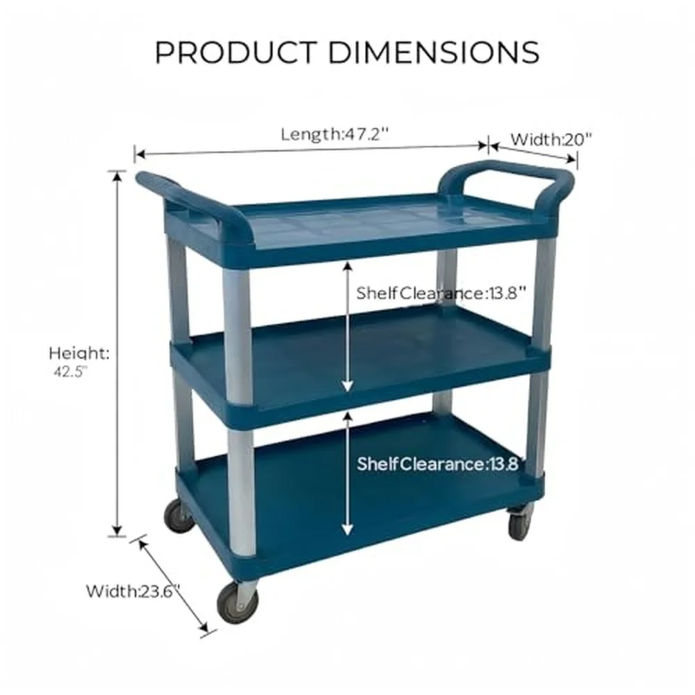 3 Tier Heavy Duty Commercial Utility Cart on Wheels Blue Mobile Dish Cart for Restaurant Hotel and Kitchen (A)