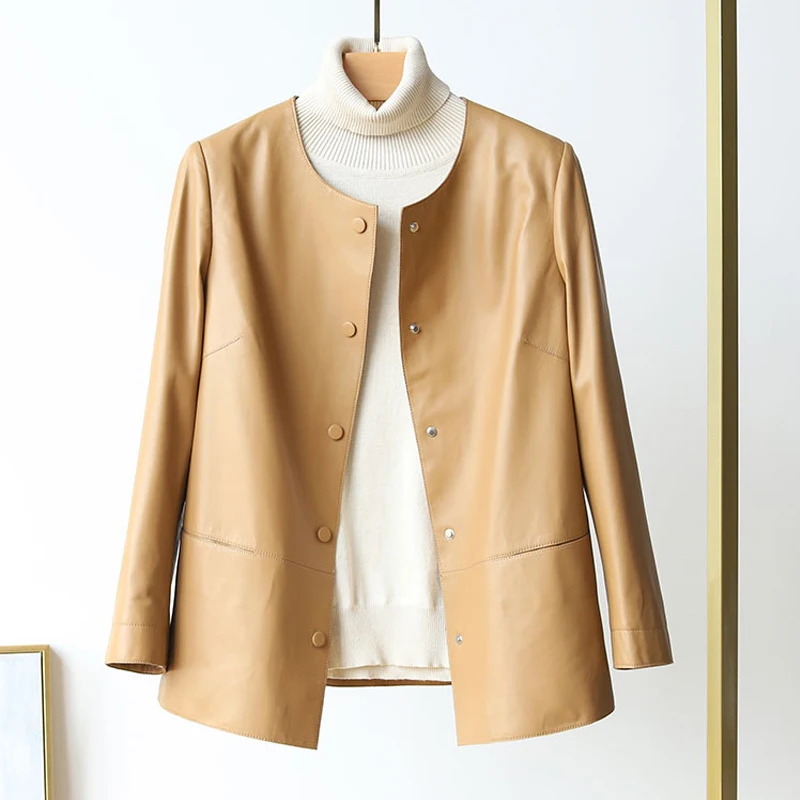 M-2XL Geïmporteerde Echte Lederen Jassen Voor Vrouwen Lente Chic O-hals Bedekt Knop Losse Echte Schapenvacht Dames Blazer Jassen