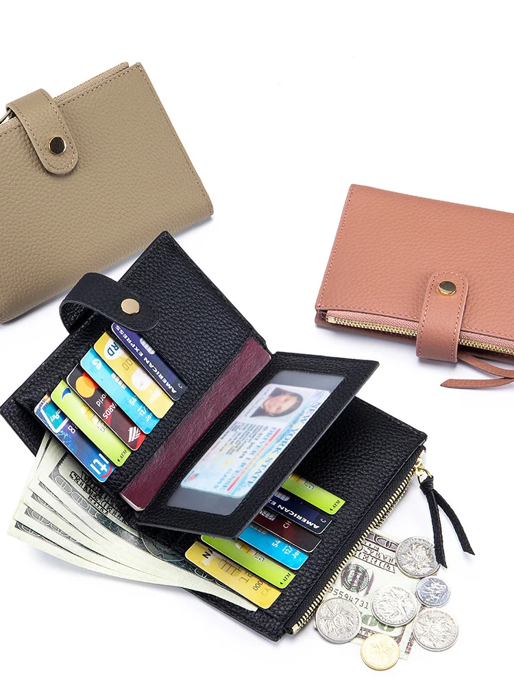 new-large-capacity-leather-wallet-short-multi-card-holder-cowhide-vertical-passport-bag-women's-functional-small-bag