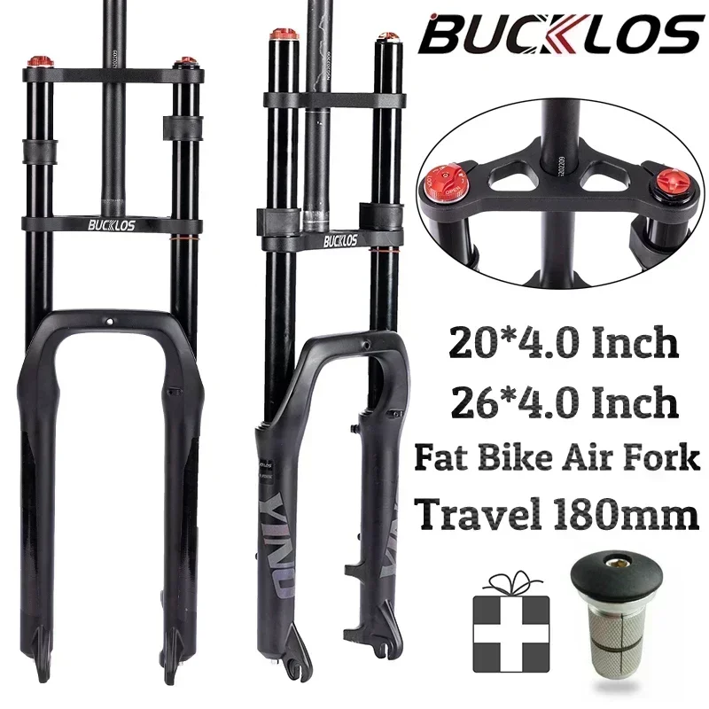 BUCKLOS Snow Fat Bike Fork 20*4.0 Inch / 26*4.0 Inch Air Suspension Fork Travel 180mm Double Shoulder E-Bike Fork Bicycle Parts