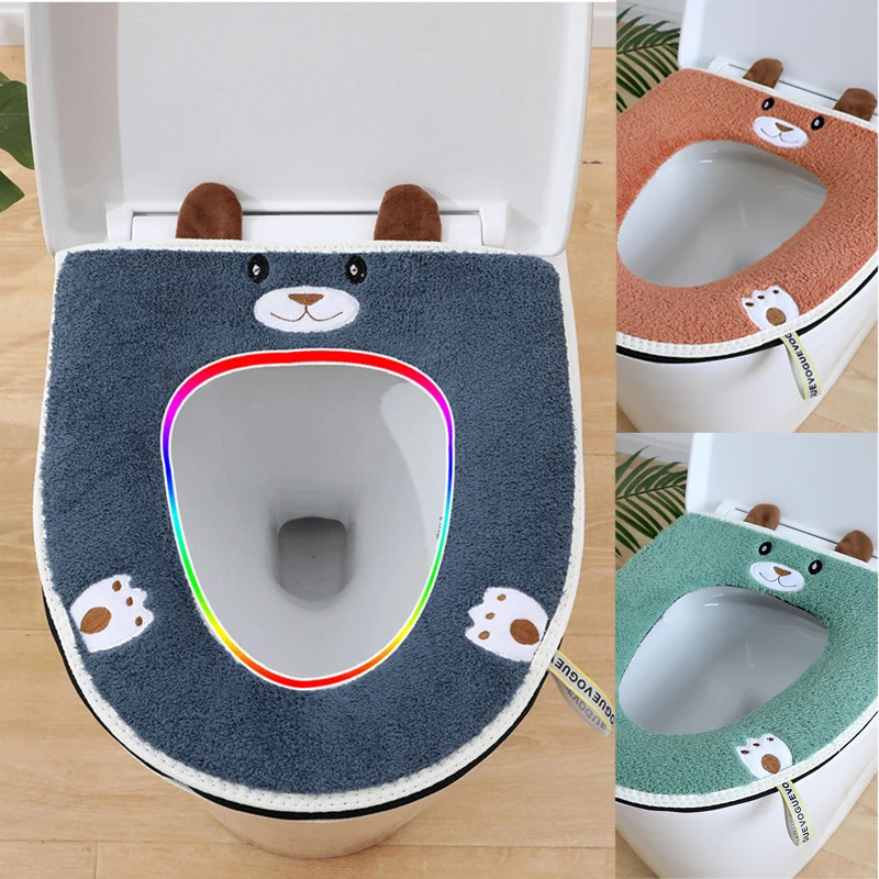 Winter Warm Toilet Seat Cover Cute Cartoon Toilet Seat Cushion Universal Waterproof Zipper Closestool Mat Bathroom Accessories