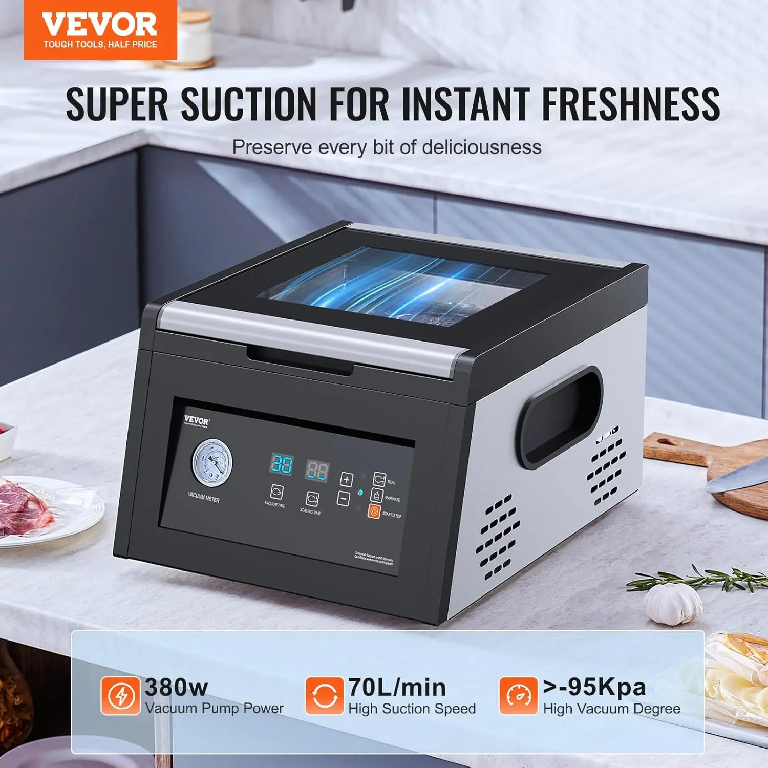 Chamber Vacuum Sealer, 380W Vacuum Pump Power, Vacuum Packing Machine for Wet Foods, Meat, Compact Design with 11.5