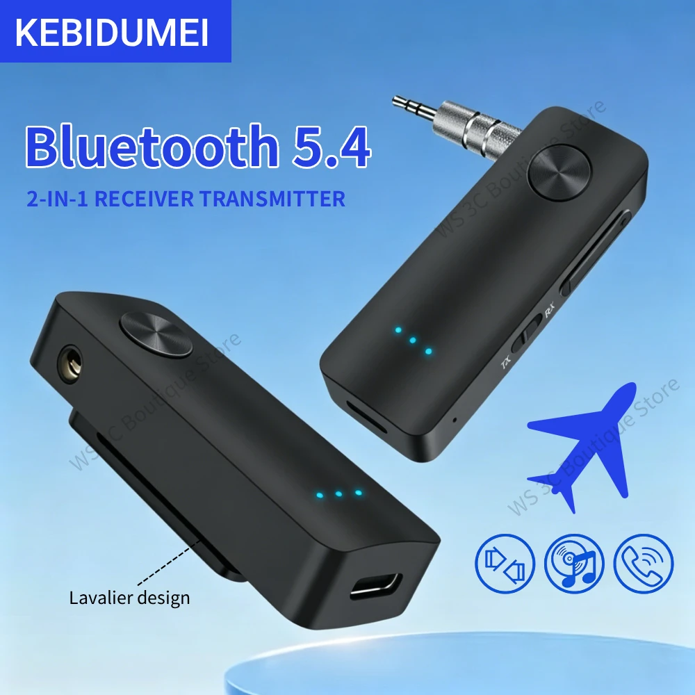 Transmissor e Receptor de Áudio Bluetooth 5.4 2 em 1, Adaptador Sem Fio HiFi Estéreo com Microfone para Carro, Avião, TV