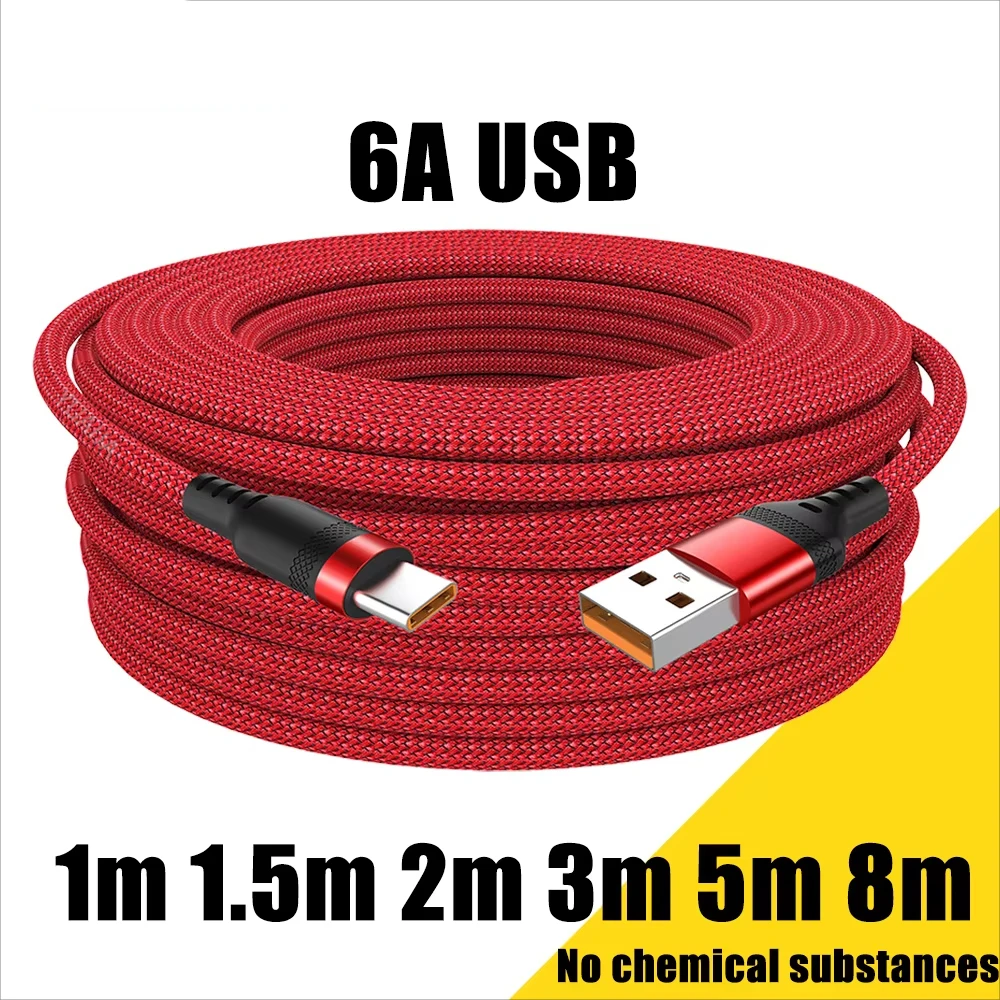 Cabo USB tipo C estendido de 5 metros, cabo de carregamento super rápido 6A, adequado para Huawei, Xiaomi, Vivo, OnePlus e Leeco, cabo de dados para telefone.