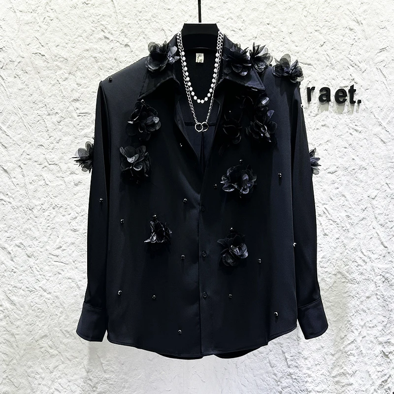

Diamond Studded Design 3D Embroidered Long Sleeve Shirt Men Fashiona Loose Casual Shirts Banquet Party Stage Performance Costume