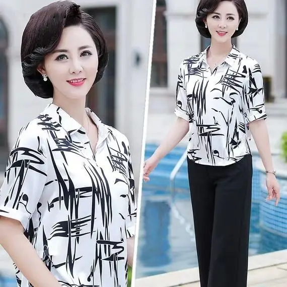

Chiffon Blouse for Middle Aged Women's Summer Short Sleeved T-shirt Shirt