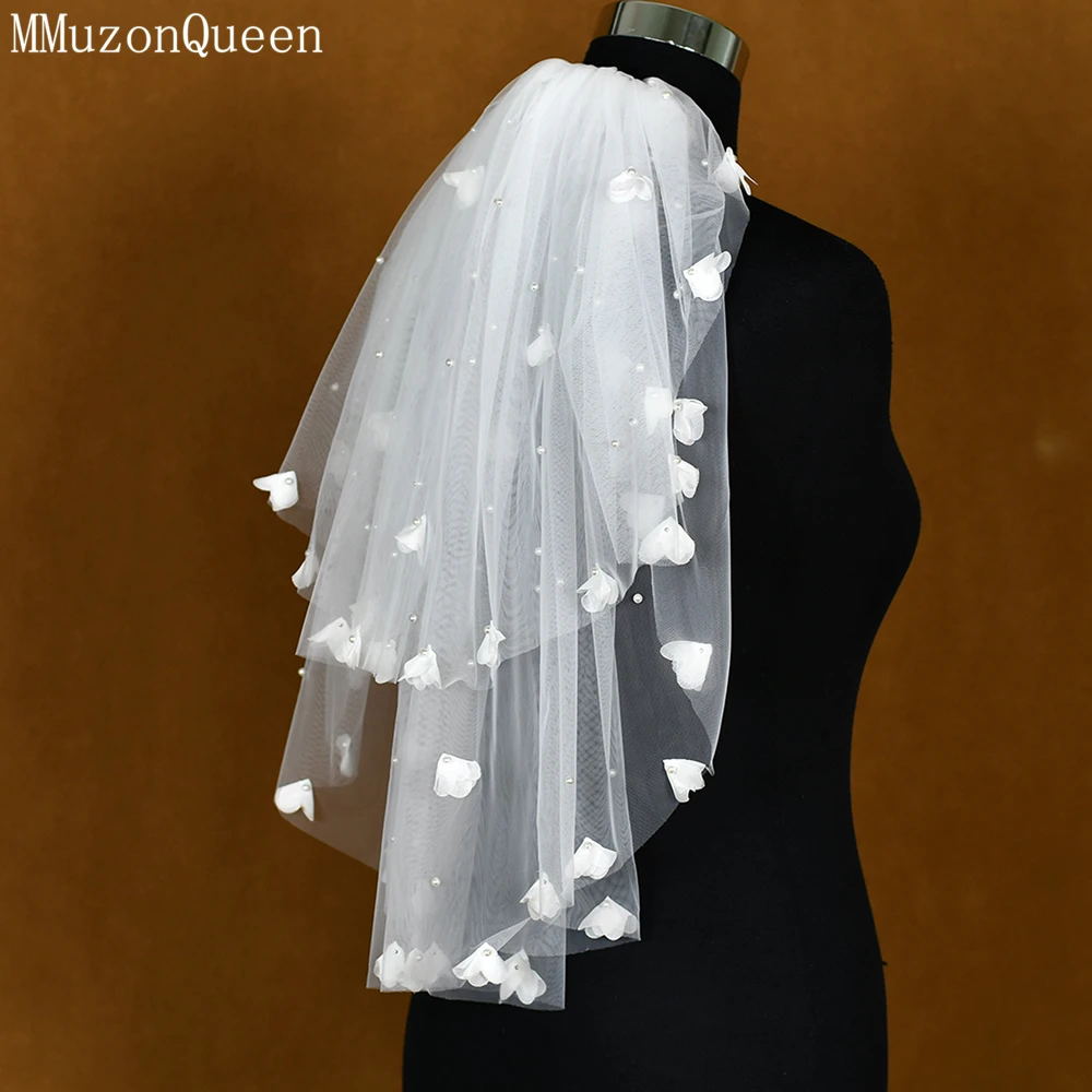 MMQ M101-velo de novia corto y elegante, elegante, fresco, blanco, perla, flor, pompones, Europa y Estados Unidos