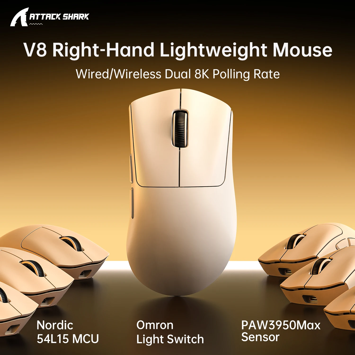 

Двухсенсорная мышь Attack Shark V8 8K для правой руки, сенсор PAW3950Max, 42000 DPI, MCU Nordic54L15, легкая мышь с охлаждающим покрытием