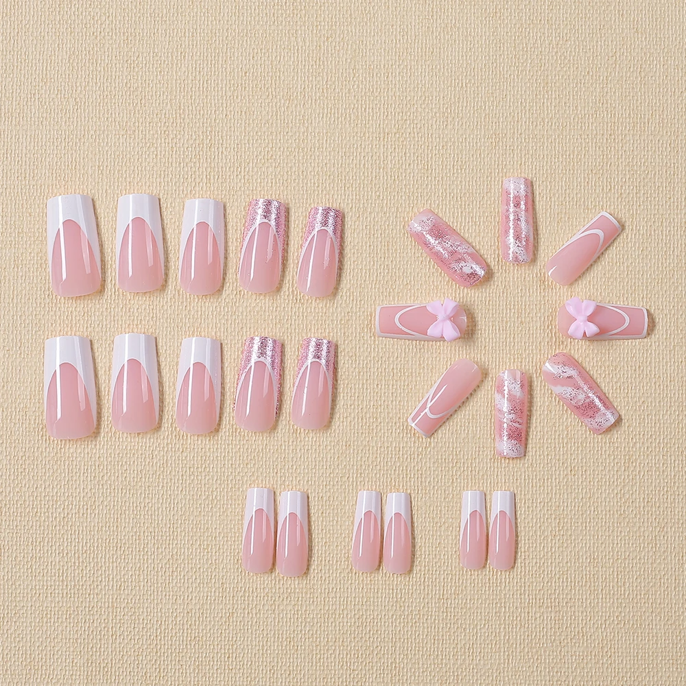 24Pcs Pink Bowknot French Fake nails Patches 3D Pink Glitter Bow Long Coffin French False Nails Full Cover Acrylic Press on nail