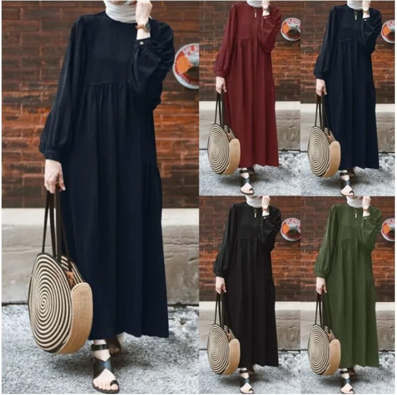 

Islam Abaya Dress Solid Round Neck Lantern Sleeve Abayas for Women Loose Casual Fashion Women's Dress