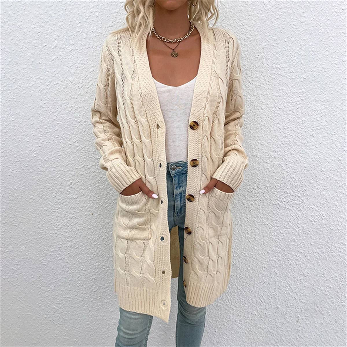 Women Fashion Knitted Long Cardigan Solid Color Loose V Neck Single Breasted Jacket 2024 Autumn Winter Casual Pocket Sweaters