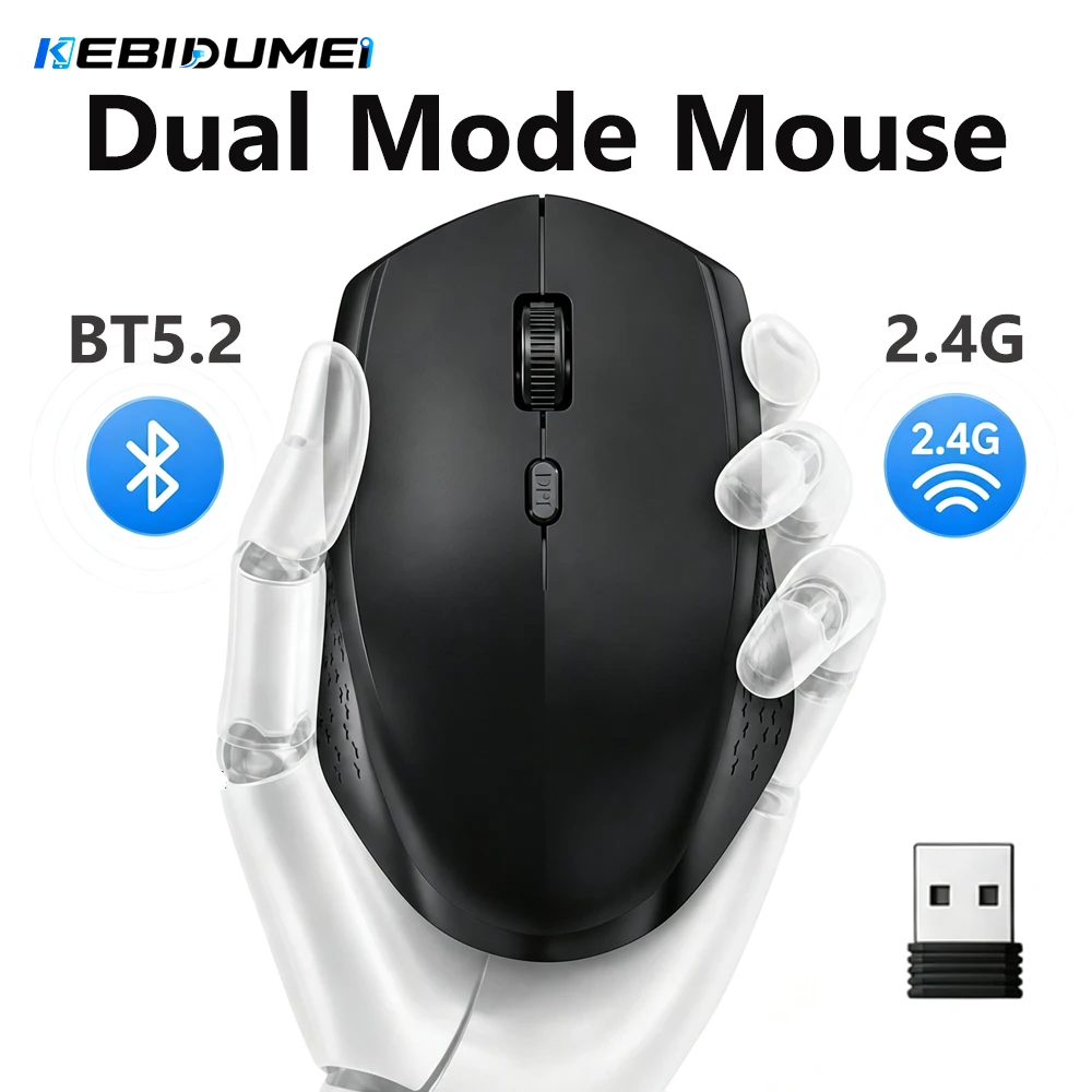 KEBIDUMEI Mouse sem fio Bluetooth 5.2, modo duplo, 1600DPI, mouse para jogos, 6 botões, recarregável, silencioso, acessórios para computador