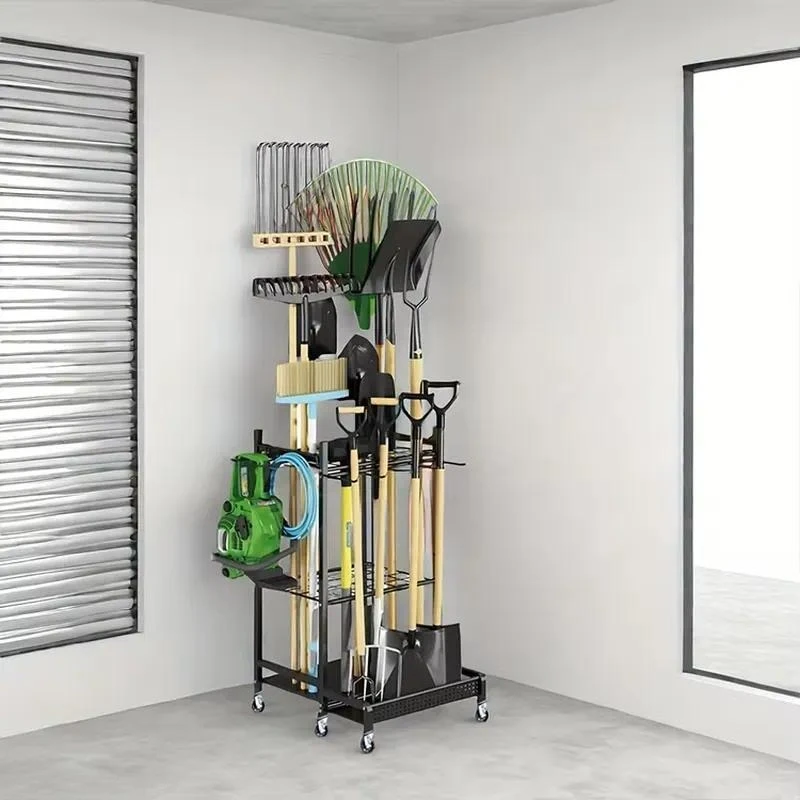 Wrought iron wall-mounted garden tool holder with flower pot holder for outdoor space organization and storage
