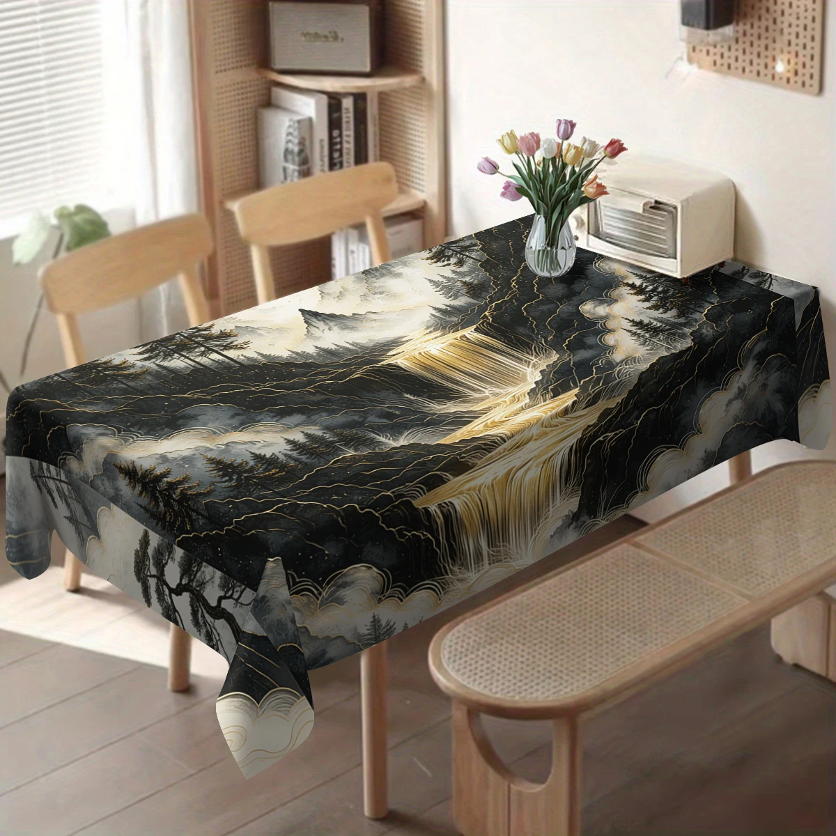 Vintage Embossed Lotus Pattern Polyester Tablecloth, Decorative Dining Table Cover for Elegant Home Indoor Daily Gathering Use